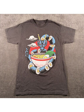 Gildan Gray Graphic T-Shirt with Dragon and Ramen Bowl Design